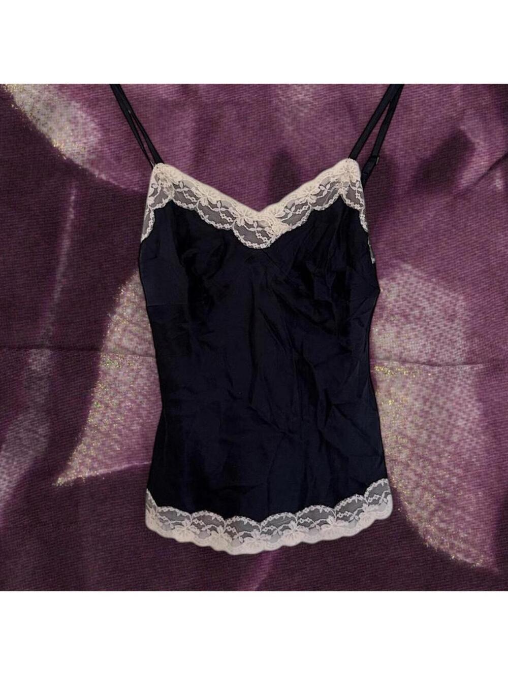 Lace Trim Cami Black Satin Slip Top Cream Lace Express Design Studio